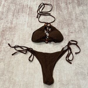 Fashion Nova Brown Textured Ring-Detail Triangle Bikini
